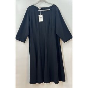 Lafayette 148 New York Black Fit & Flare Midi Dress 18 3/4 Sleeve WDBM1R-J003